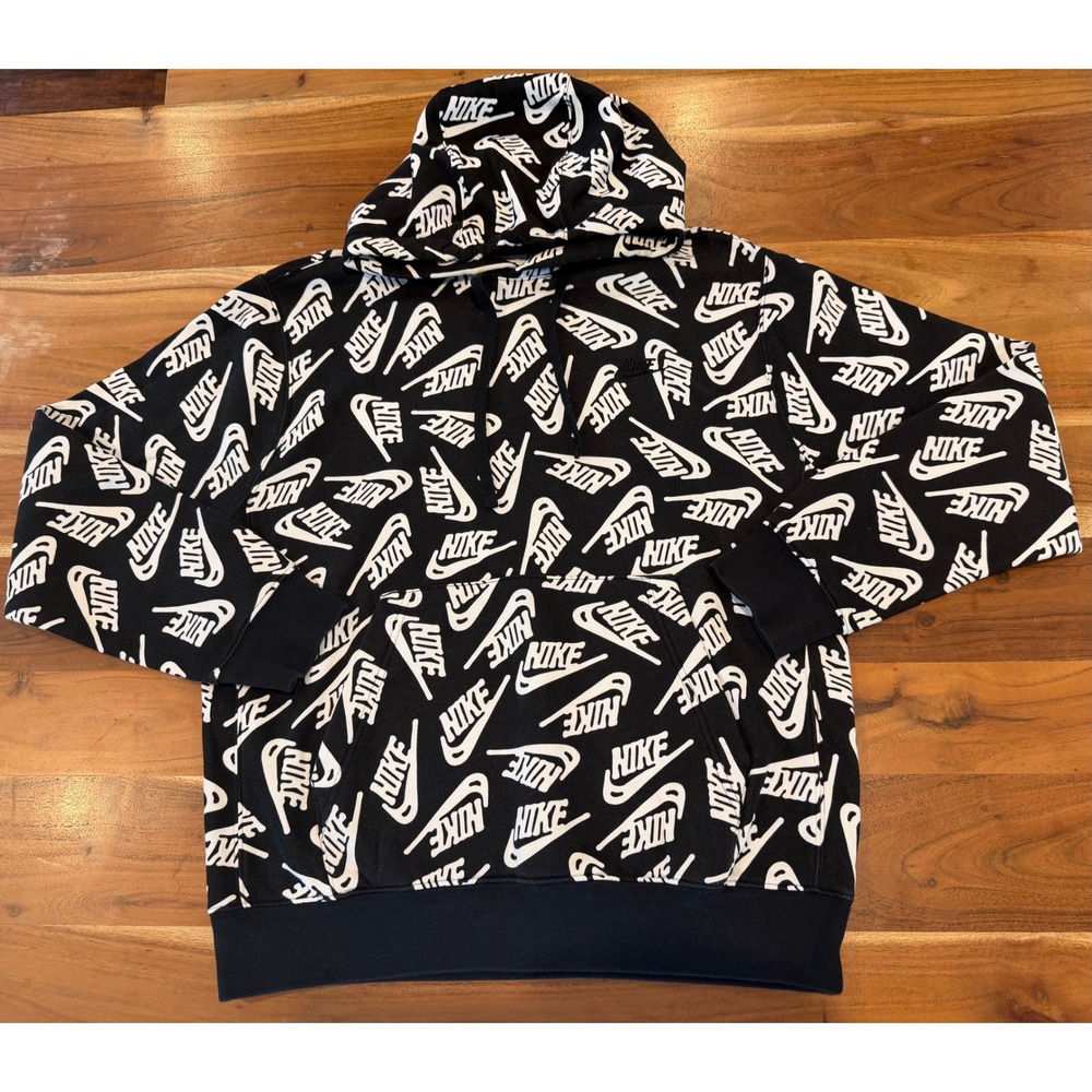 Nike Sportswear Club Fleece All Over Print Logo Hoodie Black White Mens Medium